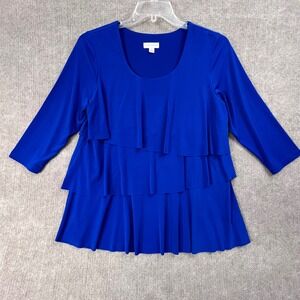 Susan Graver Blue Ruffle Layered Top 3/4 Sleeve Scoop‎ Neck Blouse